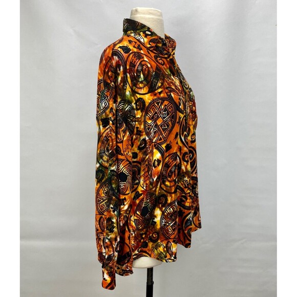 Vintage 90s Y2K Woman Blouse Medium Button Up Orange Boho Peasant Tribal Novelty - Picture 14 of 16